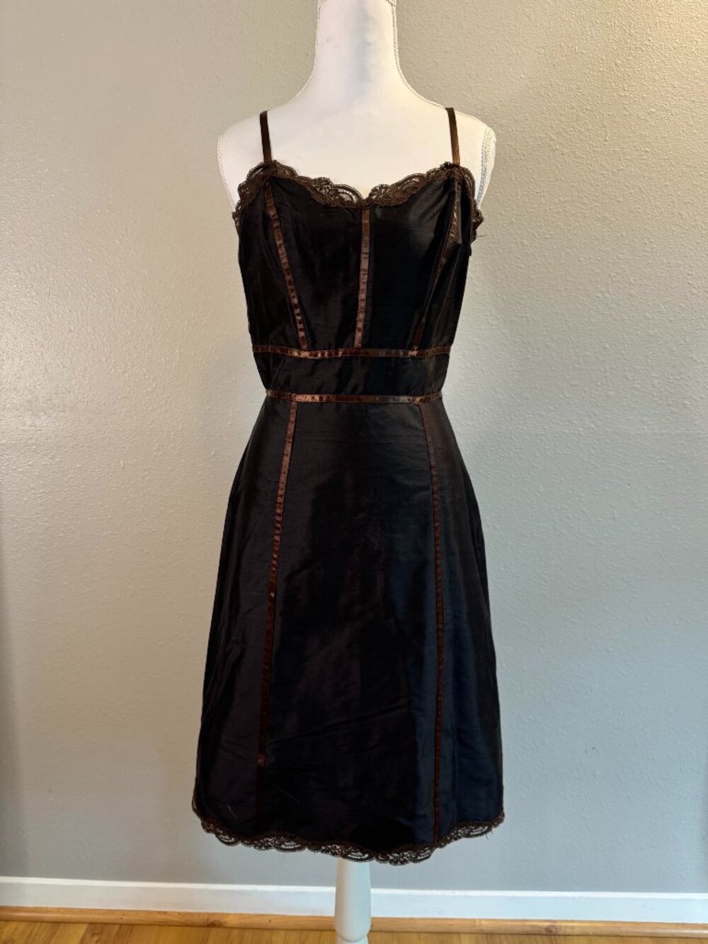 Vintage Betsey Johnson 1990s Brown Lace & Brown Trim Corset Slip Dress | Sz 6
